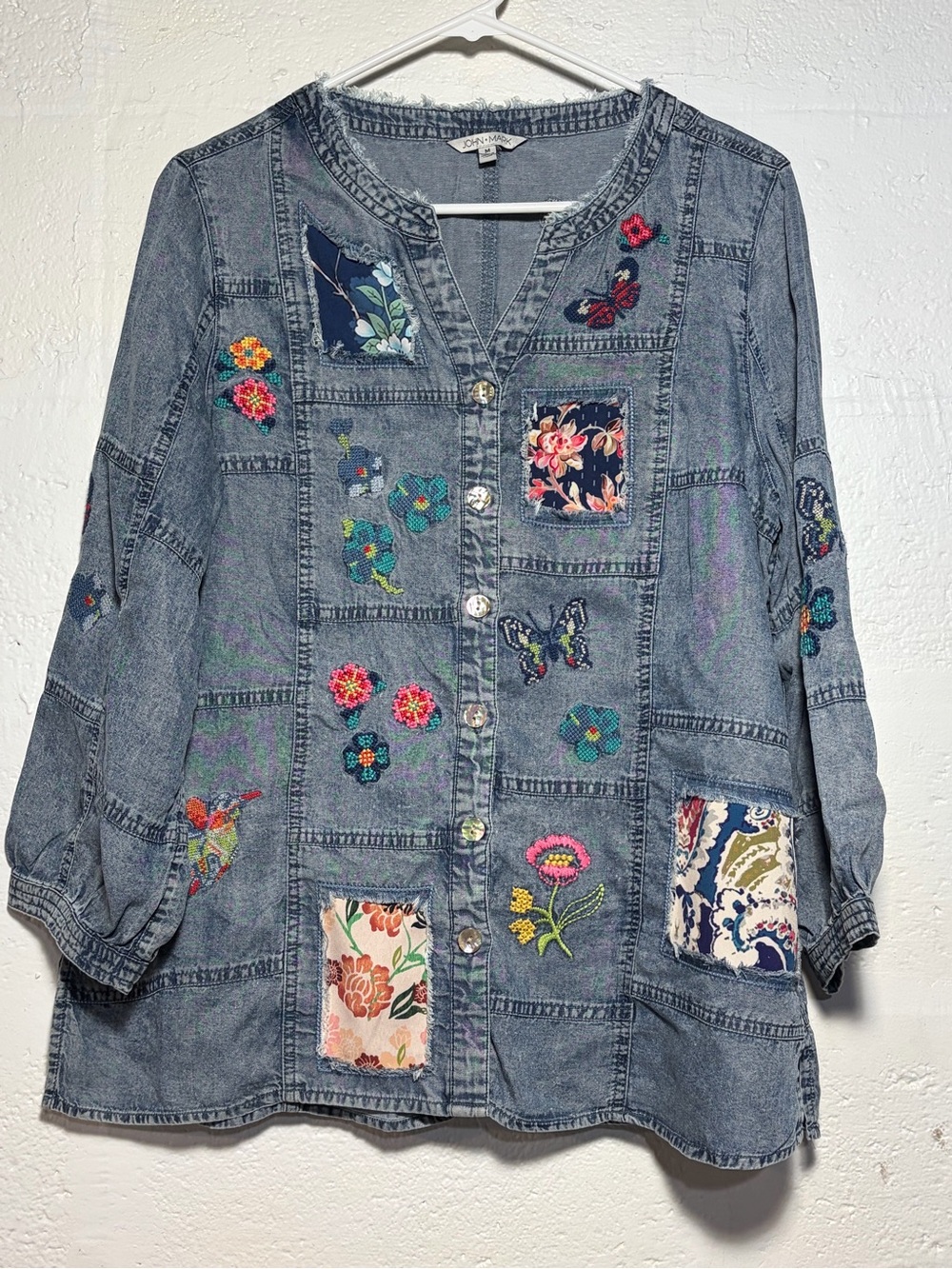 John Mark Embroidered Patchwork Denim Button-Front Shirt - Blue